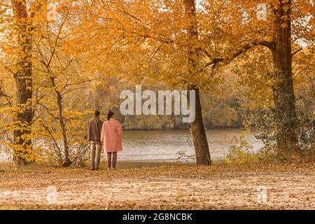 Die Rückansicht von Mann und Frau des Paares steht am Ufer des Sees im Herbstpark Stockfoto