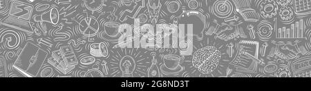 Geschäftsidee nahtloses Muster. Weiße Kritzeleien im skizzenhaften Vintage-Stil auf grauem Hintergrund. Vektorgrafik. Stock Vektor