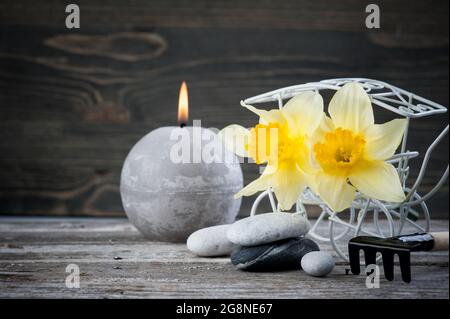 Balancierende Kieselsteine und gelbe Blumen, ZEN Stone Garden auf Holzhintergrund, Spa ruhiges Szenenkonzept Stockfoto