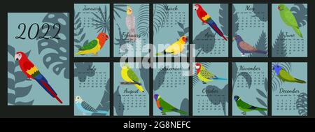 Kalender 2022 mit Cartoon Papageien mit Deckel. Kalendervorlage mit tropischem Blatt Silhouette Hintergrund. Die Woche beginnt am Montag. Kindergrafik. Stock Vektor