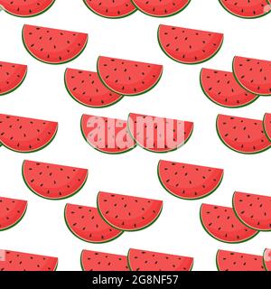 Muster mit Wassermelonen, Vektorgrafik. Hälften Wassermelone auf weißem Hintergrund, nahtloses Muster. Helle saftige Sommer Hintergrund mit berri Stock Vektor