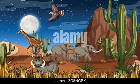 Tiere leben in Wüstenwaldlandschaft bei Nacht Szene Illustration Stock Vektor