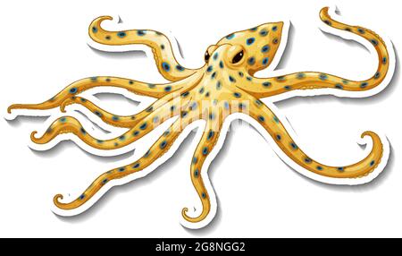 Blau-beringter Tintenfisch-Aufkleber auf weißer Hintergrundgrafik Stock Vektor