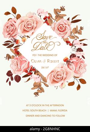 Böhmische Hochzeitseinladung. Rahmen für Hochzeitsdesign mit einem Blumenarrangement mit rosa Rosen, Beeren und Eukalyptusblättern. Boho-Stil. Stock Vektor