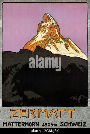 Zermatt Matterhorn 4505m Schweiz by Emil Cardinaux (1877-1936). Restauriertes Vintage Poster veröffentlicht ca. 1908 in der Schweiz. Stockfoto