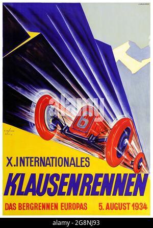 X. Internationales Klausenrennen von Ernst Friedrich Schonholzer (1913-1995). Restauriertes Vintage-Poster, das 1934 in der Schweiz veröffentlicht wurde. Stockfoto