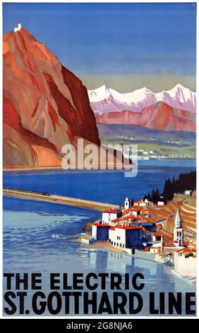 Die elektrische St. Gotthard-Linie von Otto Baumberger (1889-1961). Restauriertes Vintage-Poster, das 1935 in der Schweiz veröffentlicht wurde. Stockfoto