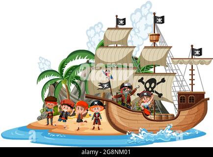 Piratenschiff auf der Insel mit vielen Kindern isoliert auf weiß Hintergrunddarstellung Stock Vektor