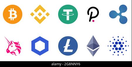 Satz von Kryptowährungssymbol. Bitcoin, Ethereum, Binance, Tether, XRP, Polkadot Cardano Uniswap Litecoin Chainlink Editorial Vektorgrafik Stock Vektor
