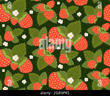 Nahtloses Muster mit saftigen Erdbeeren, Laub und kleinen weißen Blüten. Sommerliche Textur mit handgezeichneten Beeren. Naturtapete mit Früchten und l Stock Vektor