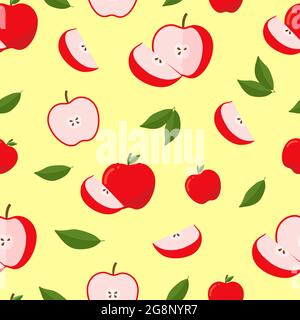 Nahtloses Muster mit rotem und grünem Apfel und Blättern auf gelbem Hintergrund. Stock Vektor