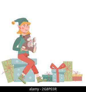 Niedlich und glücklich Weihnachten Elf Junge sitzt auf Stapel von Geschenk-Boxen, flache Vektor-Illustration isoliert auf weißem Hintergrund. Weihnachtself mit Spielzeug und gi Stock Vektor