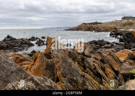 Die natürlichen orangen Felsformationen entlang der Küste in Penneshaw Kangaroo Island South Australia am 12. Mai 2021 Stockfoto