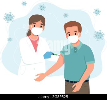 Coronavirus-Impfung, Mann und Arzt mit einer Spritze. Konzept Vektor-Illustration in flachen Cartoon-Stil Stock Vektor