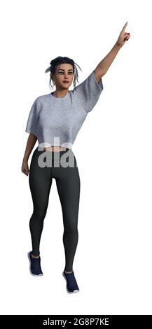 3d-Illustration einer Frau, isoliert auf weißem Hintergrund, die für ein Taxi gestikelt. Stockfoto