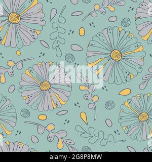 Nahtloses Vektor-Muster mit sanften Blumen auf blauem Hintergrund. Romantisches Daisy-Floral-Tapetendesign. Dekorative Linie Kunst Mode Textil. Stock Vektor