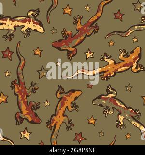 Nahtloses Vektormuster mit Eidechsen und Sternen auf braunem Hintergrund. Wildlife African Tapete Design. Fun Gecko Mode Textil. Stock Vektor