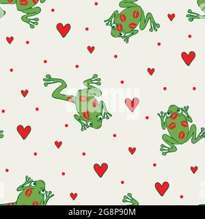 Nahtloses Vektor-Muster mit Frosch und Liebe Harts auf weißem Hintergrund. Valentinstag küssen Frosch Tapete Design. Stock Vektor