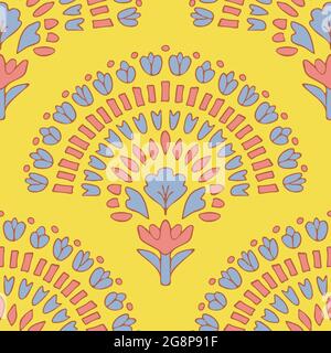 Nahtloses Vektor-Muster mit Blumenfächer auf gelbem Hintergrund. Schönes griechisches florales Tapetendesign. Pastellfarbene Sommermode-Textilien. Stock Vektor