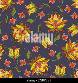 Nahtloses Vektor-Muster mit gelben Blüten auf blauem Hintergrund. Vintage florale Stickerei Tapete Design. Golden Blossom Fashion Textil. Stock Vektor