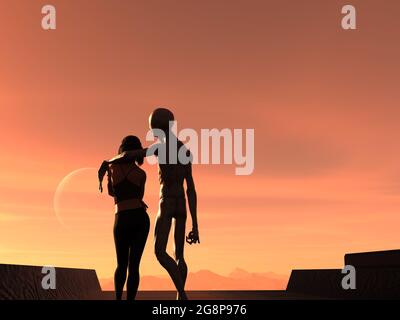 3d-Illustration eines grauen Außerirdischen und einer Frau, die einen Sonnenaufgang auf einer außerirdischen Welt beobachtet. Stockfoto