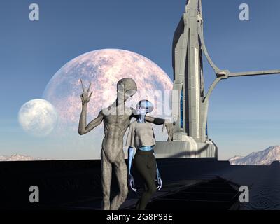 3d-Illustration eines grauen Außerirdischen, der ein Friedenszeichen zeigt, während er mit seinem Arm um ihre Schultern in der Nähe einer blauhäutigen Außerirdischen steht. Stockfoto