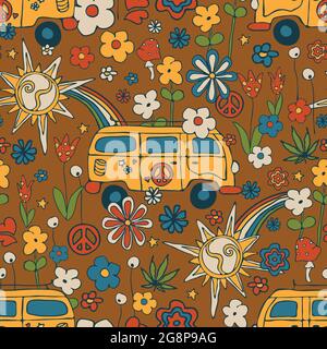 Nahtloses Vektor-Muster mit Retro-Blumen auf braunem Hintergrund. Spaß glücklich Sommer Tapete Design. Dekorative Lifestyle Mode Textil. Stock Vektor