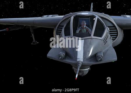 3d-Illustration eines Aliens, der ein Raumschiff tief im Weltraum mit Sternen im Hintergrund pilotieren kann. Stockfoto