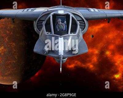 3d-Darstellung eines Aliens, der ein Raumschiff pilotieren und einen Finger mit einem roten Planetenmond und Nebel im Hintergrund zeigt. Stockfoto