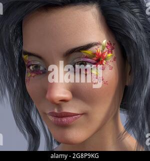 3d-Illustration einer schönen Frau mit einem Blumen-Tattoo auf ihrem Gesicht. Stockfoto
