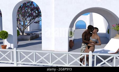 3d-Illustration eines Paares, das eine Sonnenbrille trägt und sich küsst, während die Frau sich in den Armen des Mannes in einem Resort zurücklehnt. Stockfoto