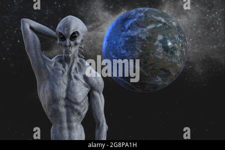 3d-Illustration eines muskulösen grauen Aliens mit der Hand hinter dem Kopf und großen schwarzen Augen im Weltraum. Stockfoto