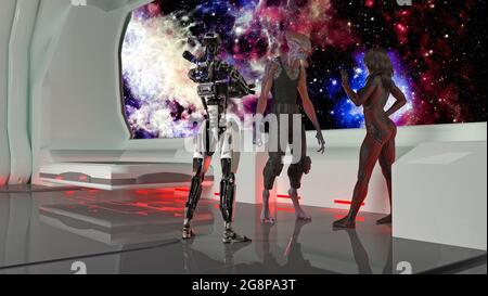 3d-Darstellung einer Frau, die mit einem großen Alien spricht, und eines Roboters mit einem bunten Nebel, der durch ein Fenster im Hintergrund gesehen wird. Stockfoto