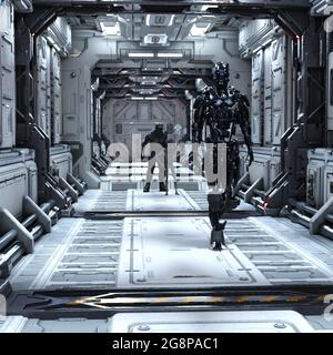 3d-Illustration eines Roboters, der mit einem Soldaten in einem langen Flur hinter dem Mechanoid mit einem grauen Alien spricht. Stockfoto