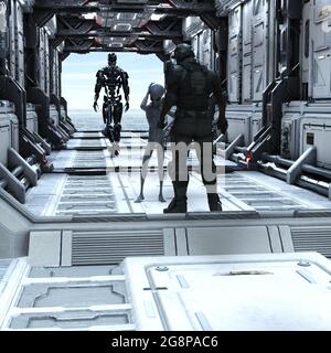 3d-Illustration eines Soldaten, der in einem langen Flur mit einem grauen Alien spricht, während ein Roboter im Hintergrund zu einer offenen Luke geht. Stockfoto
