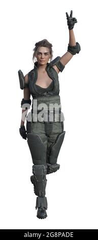 3d-Illustration einer futuristischen Frau, die mit einem Arm nach oben geht und die Finger zu einem Siegeszeichen geformt sind, das auf weißem Hintergrund isoliert ist. Stockfoto