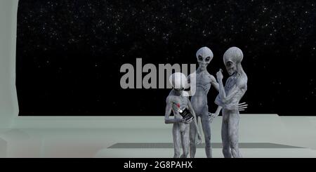 3d-Illustration einer Gruppe grauer Aliens in einem Raumschiff, die eine Flasche Whiskey mit der Schwärze von Sternen und Raum im Hintergrund studieren. Stockfoto