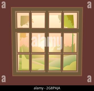 Das Fenster ist rechteckig. Mit Fensterbank und Wandfragmenten. Tag. Blick auf die Landschaft bei Sonnenaufgang im Sommer. Cartoon-Stil. Flaches Design. Vektor Stock Vektor