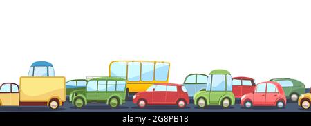 Nahtlose horizontale Schwerlastverkehr auf asphaltierter Straße. Cartoon-Illustration. Verschiedene Autos im Comic-Stil. Isoliert auf weißem Hintergrund. Vektor Stock Vektor