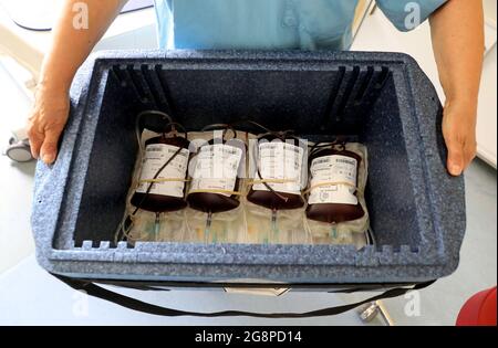 Rostock, Deutschland. Juli 2021. Bei der Blutspende der Universitätsmedizin zeigte Anna Bendlin, Krankenschwester, einen Transportbehälter mit Blutspenden. Das Universitätsklinikum appelliert mit einem Antrag auf Blutspenden an die Öffentlichkeit. Aufgrund des akuten Mangels an Blutspenden müssen die Operationen jeden Tag verschoben werden, die Corona-Krise hat den Blutmangel, der für einen Sommer normal ist, auf das Maximum verschärft. Quelle: Bernd Wüstneck/dpa-Zentralbild/ZB/dpa/Alamy Live News Stockfoto