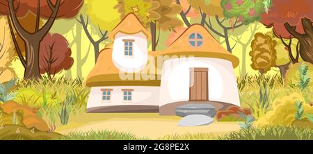 Fabelhaftes lustiges Haus auf der Lichtung. Waldwiesenlandschaft. Wohnung des Gnom. Herbst, schöne Cartoon-Illustration. Nettes Baby Bild. Vektor Stock Vektor