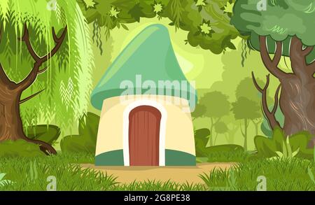 Fabelhaftes lustiges Haus auf der Lichtung. Waldwiesenlandschaft. Garten. Willow. Wohnung des Gnom. Schöne Cartoon-Illustration. Nettes Baby Bild Stock Vektor