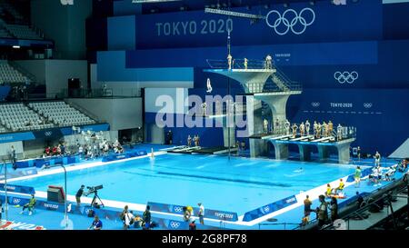 Tokio, Japan. Juli 2021. Eine allgemeine Ansicht des Aquatikzentrums, Austragungsort von Schwimmen, Tauchen und künstlerischem Schwimmen während der Olympischen Spiele in Tokio 2020 am 22. Juli 2021 in Tokio, Japan Foto Giorgio Scala/Insidefoto/Deepbluemedia Quelle: Insidefoto srl/Alamy Live News Stockfoto