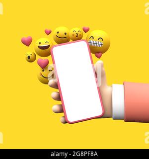 Person, die ein Smartphone mit Emoji-Online-Symbolen für soziale Medien hält. 3D-Rendering Stockfoto