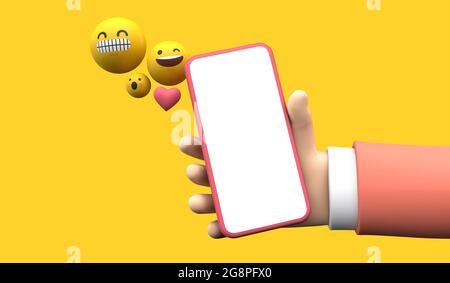 Person, die ein Smartphone mit Emoji-Online-Symbolen für soziale Medien hält. 3D-Rendering Stockfoto