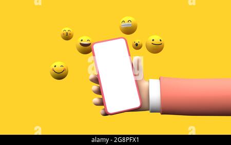 Person, die ein Smartphone mit Emoji-Online-Symbolen für soziale Medien hält. 3D-Rendering Stockfoto