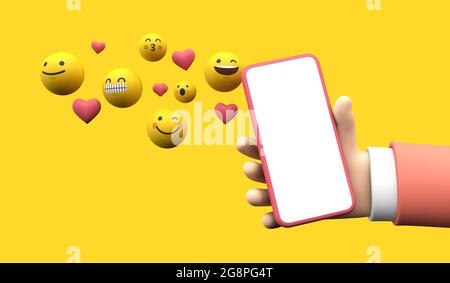 Person, die ein Smartphone mit Emoji-Online-Symbolen für soziale Medien hält. 3D-Rendering Stockfoto