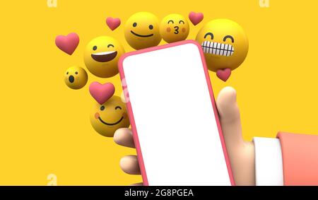 Person, die ein Smartphone mit Emoji-Online-Symbolen für soziale Medien hält. 3D-Rendering Stockfoto