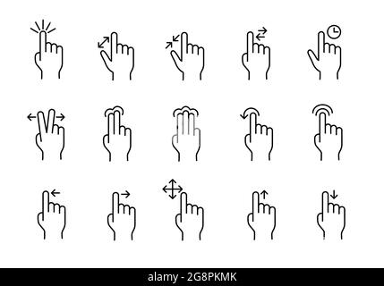 Wischen und scrollen Sie mit dem flachen Symbolsatz. Berühren, drücken, tippen und halten Sie auf den Piktogrammen des Gerätebildschirms für das Internet. Linienhub. Isoliert auf weißem Hintergrund. Übersicht vec Stockfoto