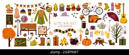 Big Vector Herbstset. Cartoon-Cliparts. Vorlage Hintergründe mit Puppenkinchen Pie, heiß gewürzter Tee und Herbstblätter. Flache Abbildung Stock Vektor